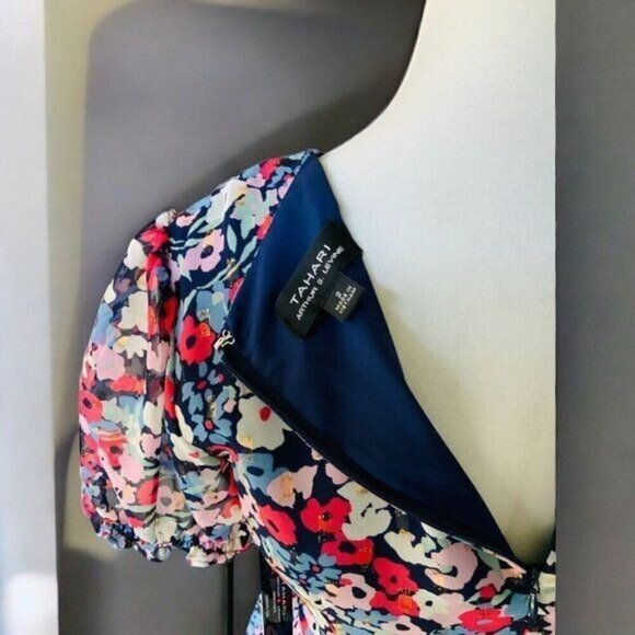 Tahari Womens Navy Vneck Short Sleeve Tiered Multicolor Surplice Dress NEW 2 - Picture 6 of 13